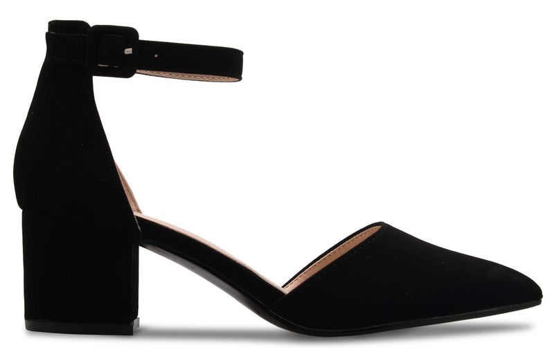 Olivia K Women's Classic Pumps Close Toe Ankle Strap Kitten Heel - Adorable Low Block Heel Black Nubuck - Image 2